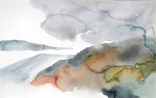 Load image into Gallery viewer, 10.25” x 16" original watercolor abstract landscape painting of foggy autumn mountains and cloudy sky in an expressive, minimalist, modern style by contemporary fine artist Elizabeth Becker. Muted soft gray, blue green and white colors.