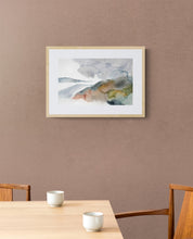Load image into Gallery viewer, 10.25” x 16" original watercolor abstract landscape painting of foggy autumn mountains and cloudy sky in an expressive, minimalist, modern style by contemporary fine artist Elizabeth Becker. Muted soft gray, blue green and white colors.