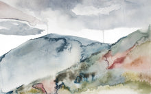 Load image into Gallery viewer, 10.25” x 16" original watercolor abstract landscape painting of foggy autumn mountains and cloudy sky in an expressive, minimalist, modern style by contemporary fine artist Elizabeth Becker. Muted soft gray, blue green and white colors.