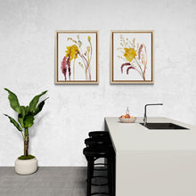 Load image into Gallery viewer, 9” x 12" original watercolor autumn bouquet botanical painting in an expressive, impressionist, minimalist, modern style by contemporary fine artist Elizabeth Becker. Muted yellow ochre, olive green, garnet red and white colors.