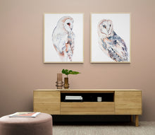 Load image into Gallery viewer, 9” x 12” original watercolor wildlife nature barn owl painting in an expressive, impressionist, minimalist, modern style by contemporary fine artist Elizabeth Becker. Soft peach, gray and white colors.