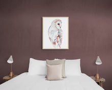 Load image into Gallery viewer, 9” x 12” original watercolor wildlife nature barn owl painting in an ethereal, expressive, impressionist, minimalist, modern style by contemporary fine artist Elizabeth Becker. Soft peach, gray and white colors.