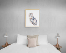 Load image into Gallery viewer, 9” x 12” original watercolor wildlife nature barn owl painting in an expressive, impressionist, minimalist, modern style by contemporary fine artist Elizabeth Becker. Soft peach, gray and white colors.