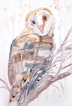 Load image into Gallery viewer, 24" x 36" original watercolor painting on canvas of barn owl in tree branches. Varnished and ready-to-hang. Expressive, impressionist, loose, watery, ethereal, minimalist, modern style by contemporary fine artist Elizabeth Becker. Prints available. Soft peach, gray and white colors.