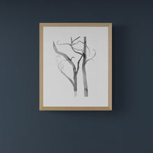 Load image into Gallery viewer, 9” x 12” original trees ink painting in an expressive, impressionist, minimalist, modern style by contemporary fine artist Elizabeth Becker. Monochromatic black and white.