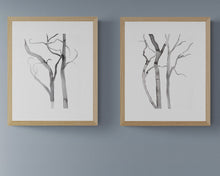 Load image into Gallery viewer, 9” x 12” original trees ink painting in an expressive, impressionist, minimalist, modern style by contemporary fine artist Elizabeth Becker. Monochromatic black and white.