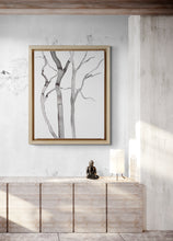 Load image into Gallery viewer, 9” x 12” original trees ink painting in an expressive, impressionist, minimalist, modern style by contemporary fine artist Elizabeth Becker. Monochromatic black and white.