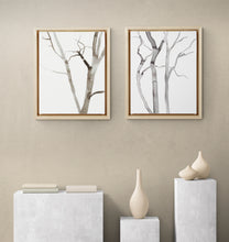 Load image into Gallery viewer, 9” x 12” original trees ink painting in an expressive, impressionist, minimalist, modern style by contemporary fine artist Elizabeth Becker. Monochromatic black and white.