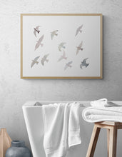 Load image into Gallery viewer, 18” x 24” original watercolor flying birds painting in an ethereal, expressive, impressionist, minimalist, modern style by contemporary fine artist Elizabeth Becker