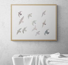 Load image into Gallery viewer, 18” x 24” original watercolor flying birds painting in an ethereal, expressive, impressionist, minimalist, modern style by contemporary fine artist Elizabeth Becker