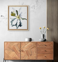 Load image into Gallery viewer, 9" x 12" original watercolor botanical bloodroot flower painting in an expressive, impressionist, minimalist, modern style by contemporary fine artist Elizabeth Becker. Soft green gold, black and white colors.