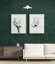 Load image into Gallery viewer, 9" x 12" original watercolor botanical bloodroot flower painting in an expressive, impressionist, minimalist, modern style by contemporary fine artist Elizabeth Becker. Soft muted green, gold, gray and white colors.