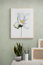 Load image into Gallery viewer, 9" x 12" original watercolor botanical bloodroot flower painting in an expressive, impressionist, minimalist, modern style by contemporary fine artist Elizabeth Becker. Soft muted green, gold, gray and white colors.