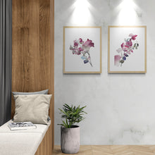 Load image into Gallery viewer, 9" x 12" original watercolor botanical flower painting in an expressive, impressionist, minimalist, modern style by contemporary fine artist Elizabeth Becker. Soft muted pink, red, blue, purple, green and white colors.