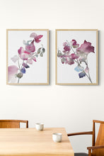 Load image into Gallery viewer, 9" x 12" original watercolor botanical flower painting in an expressive, impressionist, minimalist, modern style by contemporary fine artist Elizabeth Becker. Soft muted pink, red, blue, purple, green and white colors.