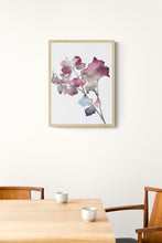 Load image into Gallery viewer, 9" x 12" original watercolor botanical flower painting in an expressive, impressionist, minimalist, modern style by contemporary fine artist Elizabeth Becker. Soft muted pink, red, blue, purple, green and white colors.