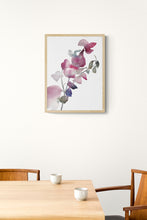 Load image into Gallery viewer, 9" x 12" original watercolor botanical flower painting in an expressive, impressionist, minimalist, modern style by contemporary fine artist Elizabeth Becker. Soft ethereal pink, red, blue, purple, green and white colors.
