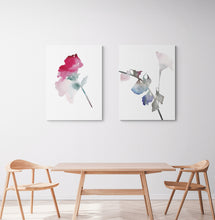 Load image into Gallery viewer, 9" x 12" original watercolor botanical flower painting in an expressive, impressionist, minimalist, modern style by contemporary fine artist Elizabeth Becker. Ethereal, soft, pale pink, blue green, purple and white colors.