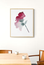 Load image into Gallery viewer, 9" x 12" original watercolor botanical flower painting in an expressive, impressionist, minimalist, modern style by contemporary fine artist Elizabeth Becker. Soft pink, red, green and white colors.