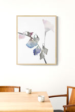 Load image into Gallery viewer, 9" x 12" original watercolor botanical flower painting in an expressive, impressionist, minimalist, modern style by contemporary fine artist Elizabeth Becker. Ethereal, soft, pale pink, blue green, purple and white colors.