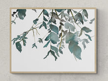 Load image into Gallery viewer, 9” x 12” original watercolor botanical nature painting of tree branches and leaves in an expressive, impressionist, minimalist, modern style by contemporary fine artist Elizabeth Becker. Soft monochromatic blue green and white colors.
