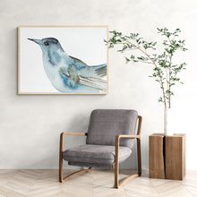 Load image into Gallery viewer, 4.5” x 6” original watercolor wildlife nature catbird bird painting in an ethereal, expressive, impressionist, minimalist, modern style by contemporary fine artist Elizabeth Becker. Soft blue, gray and white colors.