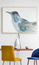 Load image into Gallery viewer, 4.5” x 6” original watercolor wildlife nature catbird bird painting in an ethereal, expressive, impressionist, minimalist, modern style by contemporary fine artist Elizabeth Becker. Soft blue, gray and white colors.