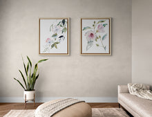 Load image into Gallery viewer, 16” x 20” original watercolor botanical cherry blossom floral painting in an expressive, impressionist, minimalist, modern style by contemporary fine artist Elizabeth Becker. Soft green gold, light pale pink and white and white colors.