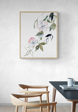 Load image into Gallery viewer, 16” x 20” original watercolor botanical cherry blossom floral painting in an expressive, impressionist, minimalist, modern style by contemporary fine artist Elizabeth Becker. Soft green gold, light pale pink and white and white colors.