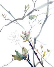 Load image into Gallery viewer, 16” x 20” original watercolor botanical cherry blossom floral painting in an expressive, impressionist, minimalist, modern style by contemporary fine artist Elizabeth Becker. Soft muted pale blue green, gray and white colors.