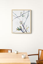 Load image into Gallery viewer, 16” x 20” original watercolor botanical cherry blossom floral painting in an expressive, impressionist, minimalist, modern style by contemporary fine artist Elizabeth Becker. Soft muted pale blue green, gray and white colors.