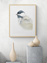 Load image into Gallery viewer, 5” x 7” original watercolor wildlife nature chickadee painting in an ethereal, expressive, impressionist, minimalist, modern style by contemporary fine artist Elizabeth Becker