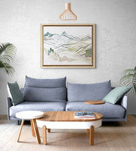 Load image into Gallery viewer, 25 3/4” x 36” original watercolor abstract landscape painting of Colorado mountains in an ethereal, expressive, impressionist, minimalist, modern style by contemporary fine artist Elizabeth Becker. Soft watery blue, olive green and white colors.
