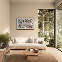 Load image into Gallery viewer, 26” x 40” original watercolor ink painting of red-tailed hawk birds in branches. Large-scale wildlife illustration in an expressive modern style by contemporary fine artist Elizabeth Becker. Monochromatic neutral brown, dark green, black and white colors. Framed in a modern living room.