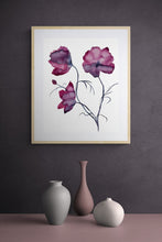 Load image into Gallery viewer, 16” x 20” original watercolor botanical cosmo flowers painting in an expressive, loose, watery, minimalist, modern style by contemporary fine artist Elizabeth Becker. Muted monochromatic moody dark magenta purple, burgundy, maroon red and black colors on white background. Framed in a room.
