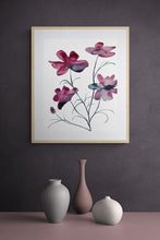 Load image into Gallery viewer, 16” x 20” original watercolor botanical cosmo flowers painting in an expressive, loose, watery, minimalist, modern style by contemporary fine artist Elizabeth Becker. Muted monochromatic moody maroon red, burgundy purple and black colors on white background. Framed in a room.