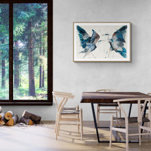 Load image into Gallery viewer, 26” x 40” original watercolor painting of great blue herons / cranes / egrets. Pair of two abstract flying birds with drips and splatters. Large-scale wildlife nature animal illustration in a loose, expressive, minimalist, modern style by contemporary fine artist Elizabeth Becker. Monochromatic dark blue, black, gray and white colors. Framed in a room.