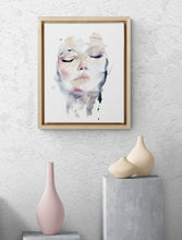 Load image into Gallery viewer, 16" x 20" original watercolor abstract portrait painting in an ethereal, expressive, impressionist, minimalist, modern style by contemporary fine artist Elizabeth Becker. Soft pink, peach, gold, gray, black and white colors.