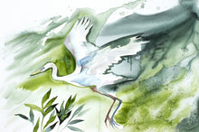 Load image into Gallery viewer, 24” x 36" original watercolor painting on canvas in 26" x 38" natural maple solid wood floater frame. Large-scale expressive flying bird, white egret, crane or water bird in marsh. Expressive, impressionist, loose, watery, flowing, ethereal, minimalist, modern, moody style by contemporary fine artist Elizabeth Becker. Animal with loose abstract painterly drips. Monochromatic olive green, blue-green, dark turquoise, teal and white colors.