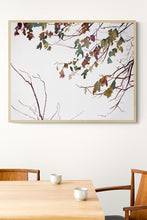 Load image into Gallery viewer, 16” x 20” original watercolor botanical nature painting of autumn leaves and branches in an expressive, impressionist, minimalist, modern style by contemporary fine artist Elizabeth Becker. Neutral muted soft monochromatic purple, green and gold colors.