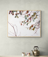 Load image into Gallery viewer, 16” x 20” original watercolor botanical nature painting of autumn leaves and branches in an expressive, impressionist, minimalist, modern style by contemporary fine artist Elizabeth Becker. Neutral muted soft monochromatic purple, green and gold colors.