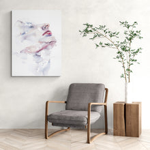 Load image into Gallery viewer, 16" x 20" original watercolor portrait painting in an expressive, impressionist, minimalist, modern style by contemporary fine artist Elizabeth Becker. Soft peach, pink, red, blue gray and white colors.