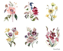 Load image into Gallery viewer, Greeting card pack featuring prints of watercolor paintings by contemporary artist Elizabeth Becker. Set of 6 Cards. Blank inside for any occasion. Botanical, floral, flowers. Loose, expressive, impressionist, minimalist, modern fine art. Peach, soft pink, muted red, mauve purple, yellow, olive green and white colors.