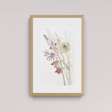 Load image into Gallery viewer, 9.75” x 16” original watercolor botanical floral bouquet painting in an expressive, impressionist, minimalist, modern style by contemporary fine artist Elizabeth Becker. Mauve purple snapdragons and pale yellow daisy.