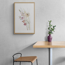 Load image into Gallery viewer, 9.75” x 16” original watercolor botanical floral bouquet painting in an expressive, impressionist, minimalist, modern style by contemporary fine artist Elizabeth Becker. Mauve purple snapdragons and pale yellow daisy.