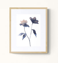 Load image into Gallery viewer, 9" x 12" original watercolor botanical flower painting in an expressive, loose, watery, minimalist, modern style by contemporary fine artist Elizabeth Becker. Prints available. Soft muted peach and payne's gray colors with white background. Framed.