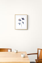 Load image into Gallery viewer, 9" x 12" original watercolor botanical flower painting in an expressive, loose, watery, minimalist, modern style by contemporary fine artist Elizabeth Becker. Prints available. Soft muted peach and payne's gray colors with white background. Framed in a dining room.