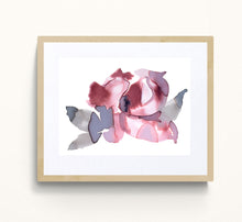 Load image into Gallery viewer, 9" x 12" original watercolor abstract flower painting in an expressive, loose, watery, minimalist, modern style by contemporary fine artist Elizabeth Becker. Prints available. Monochromatic dark pink, muted purple, gray and white colors. Framed.