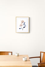 Load image into Gallery viewer, 9" x 12" original watercolor botanical flower painting in an expressive, loose, watery, minimalist, modern style by contemporary fine artist Elizabeth Becker. Prints available. Soft muted peach, navy blue and payne's gray colors with white background. Framed.