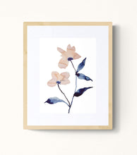 Load image into Gallery viewer, 9" x 12" original watercolor botanical flower painting in an expressive, loose, watery, minimalist, modern style by contemporary fine artist Elizabeth Becker. Prints available. Soft muted peach, navy blue and payne's gray colors with white background. Framed.